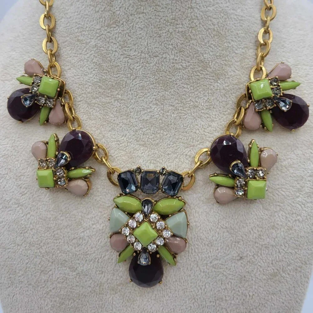 J Crew Chunky Green Brown Gray Crystal Statement Necklace